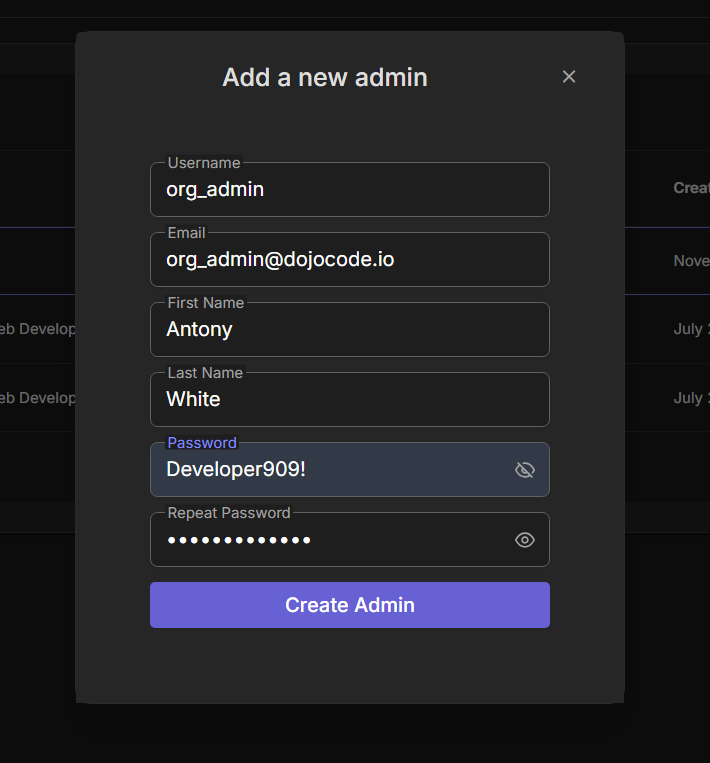 The "Add a new admin" dialog with username, email, first name, last name, and password fields, and a Create Admin button
