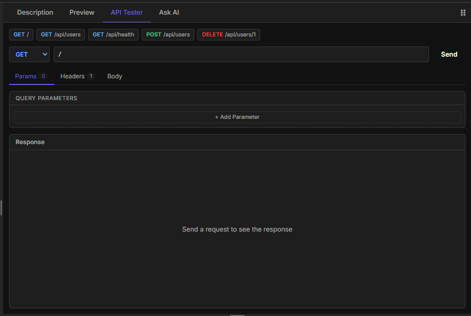 API Tester overview panel