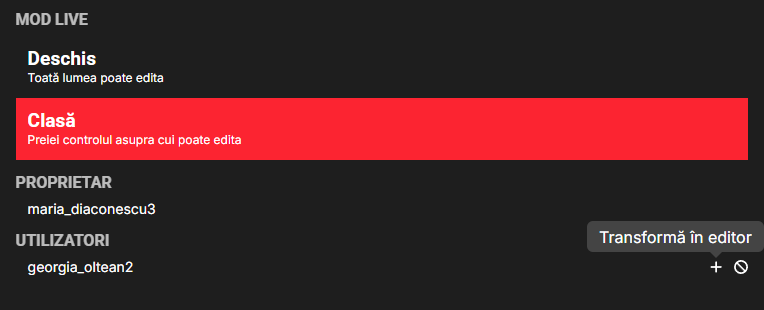 Modul Clasă selectat, cu butonul Transformă în editor lângă un participant