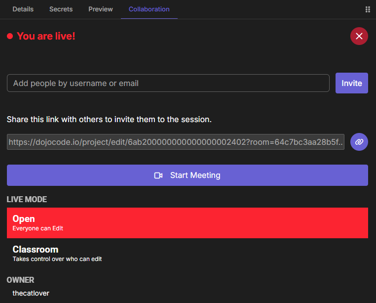 The live panel of the host, with the invite field, the invitation link, Start Meeting and the live modes