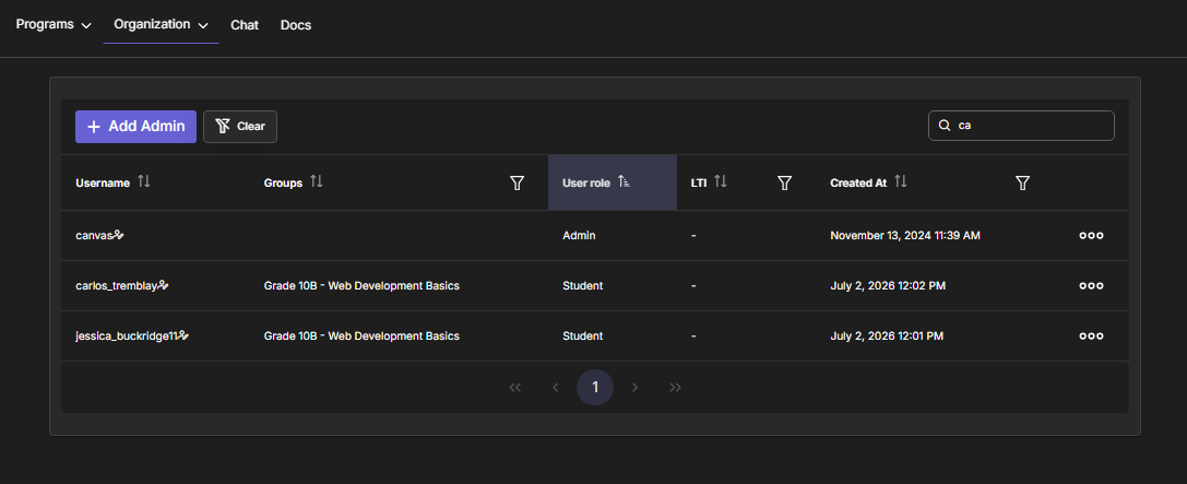 The organization Users list with the User role column showing Admin and Student roles