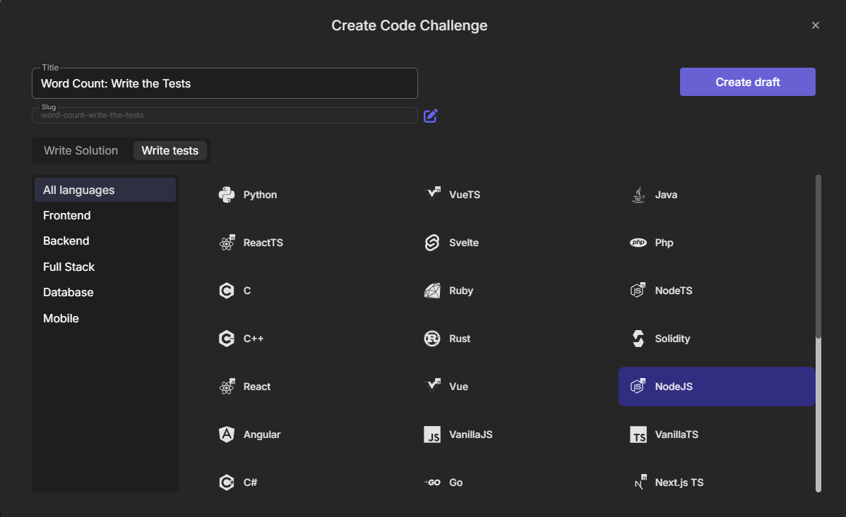 Create Code Challenge modal with the Write tests mode selected for the NodeJS template