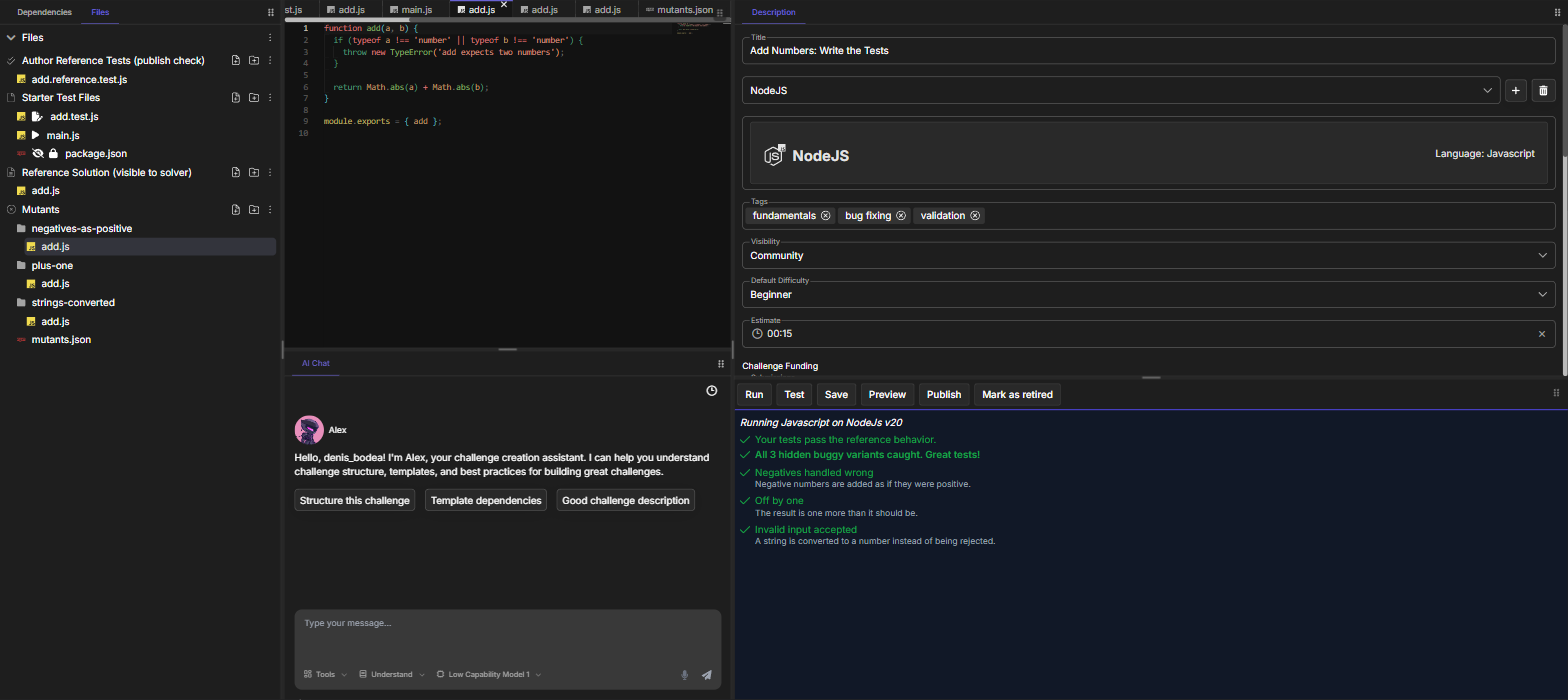 Edit page of a Node.js write-tests draft with the Files panel, the editor and the results panel
