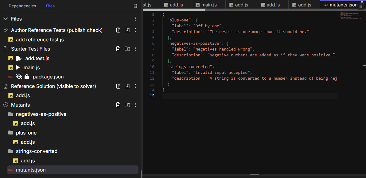 Files panel with the Mutants category expanded and mutants.json open in the editor