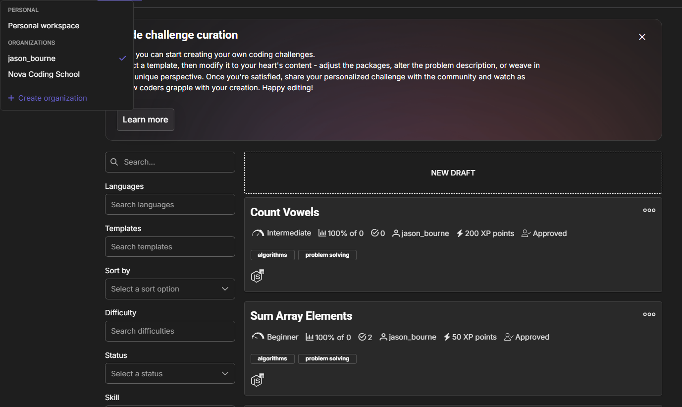 The challenge library while the jason_bourne organization is active, listing the organization's challenges