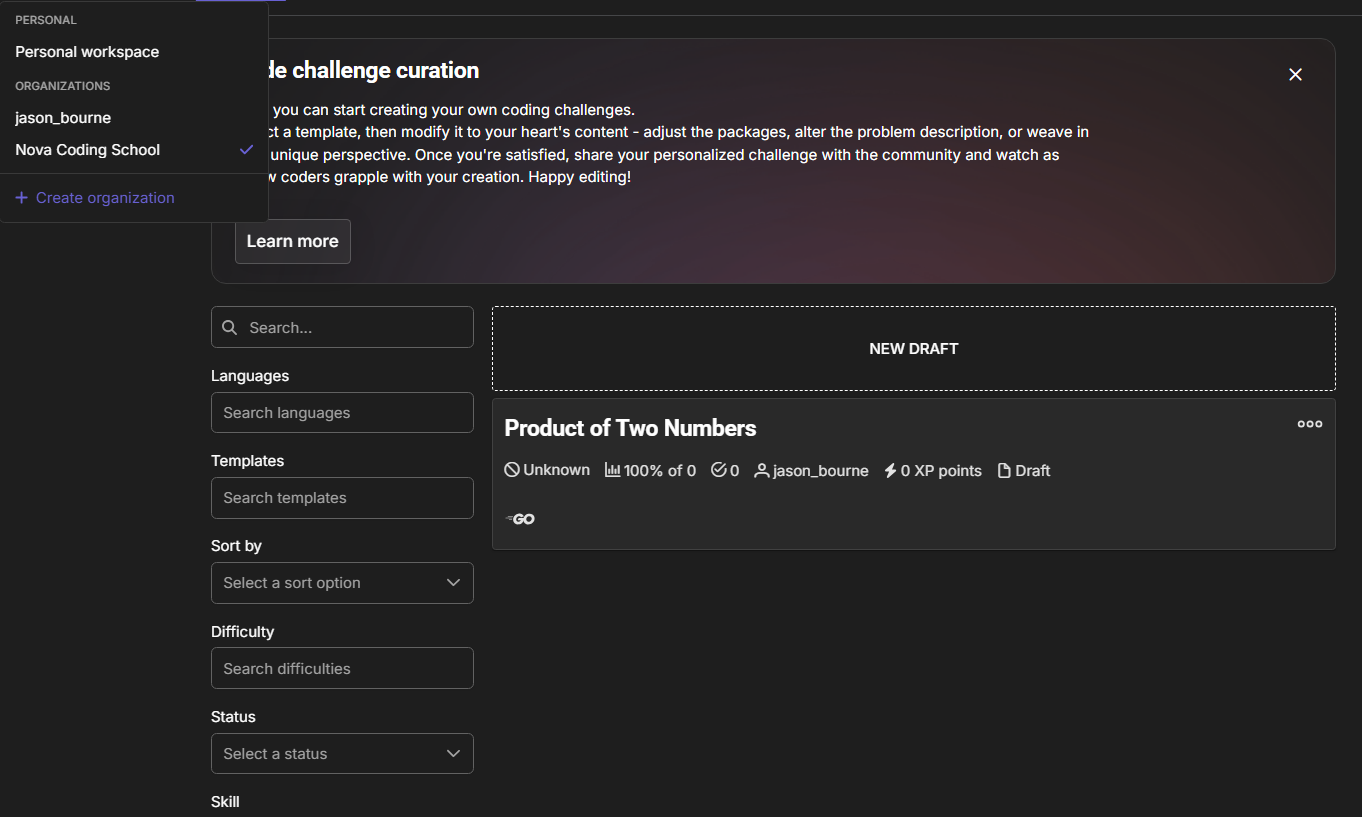 The challenge library while the Nova Coding School organization is active, showing a different set of challenges