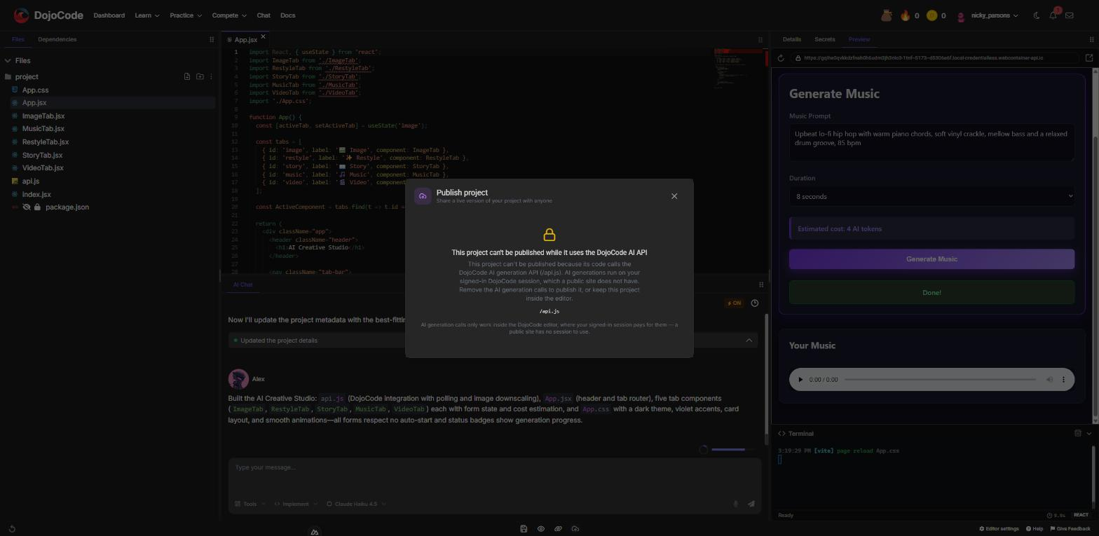 The Publish dialog explaining that the project uses the DojoCode AI API