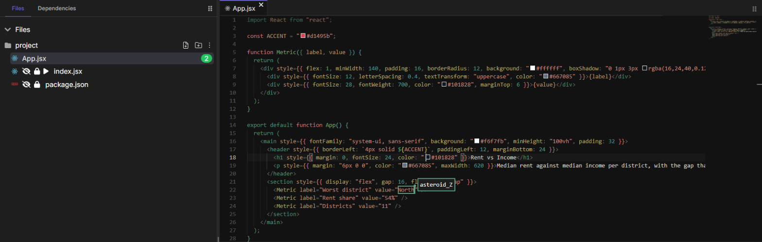 The editor with another participant's selection labelled with their username, and the file tree showing two people on App.jsx