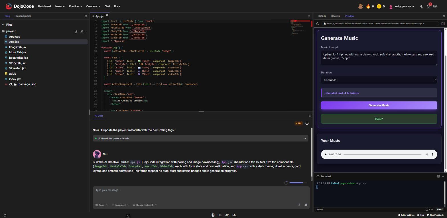 The music tab of the AI Creative Studio with an audio player