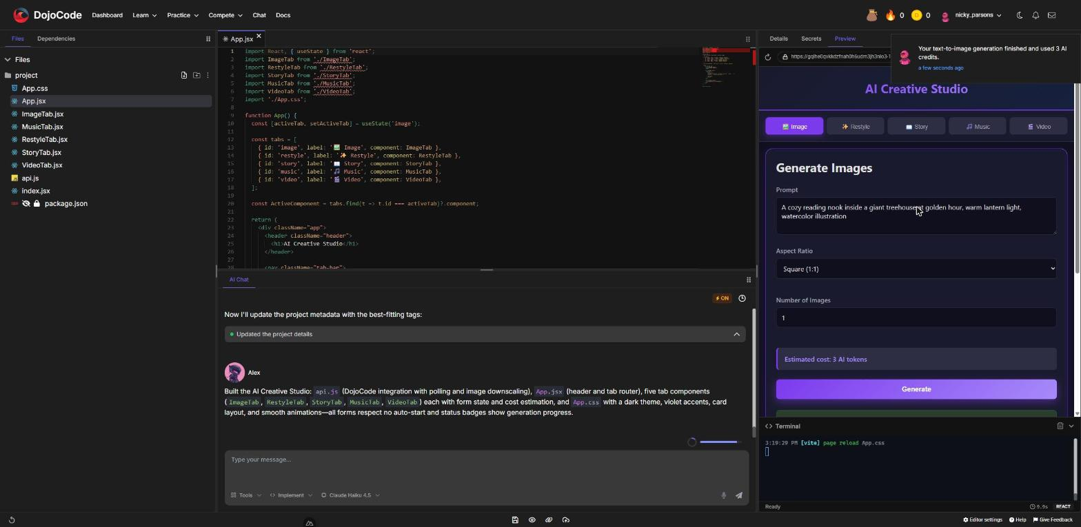 The AI Creative Studio built by the assistant, with a tab per modality