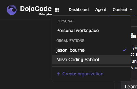 The workspace switcher expanded, listing the personal workspace and two organizations, with the active one checked