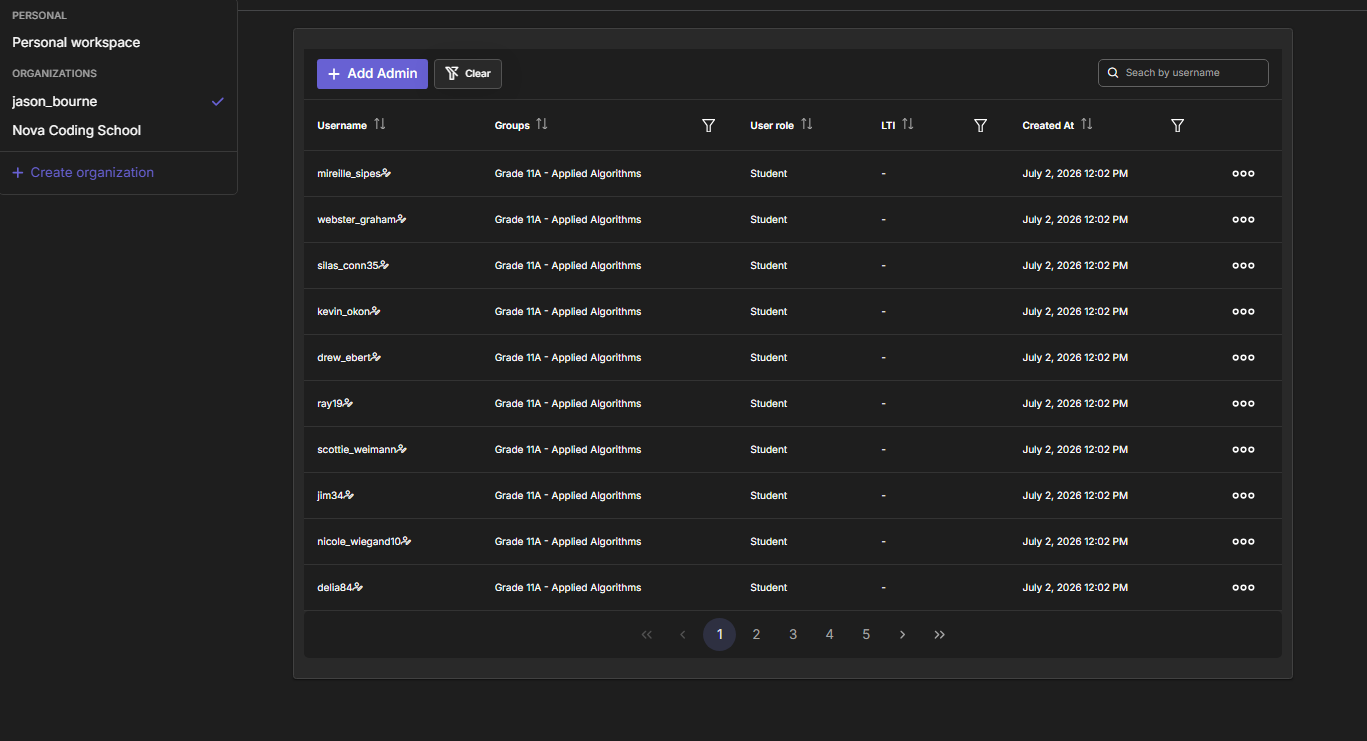 Users page with the jason_bourne organization active, listing many students