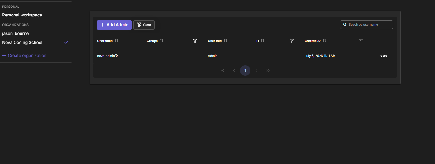 Users page with the Nova Coding School organization active, showing a single admin