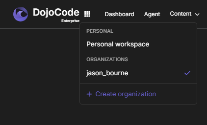 The workspace switcher open, showing the personal workspace and the organizations the user belongs to, with the active one checked